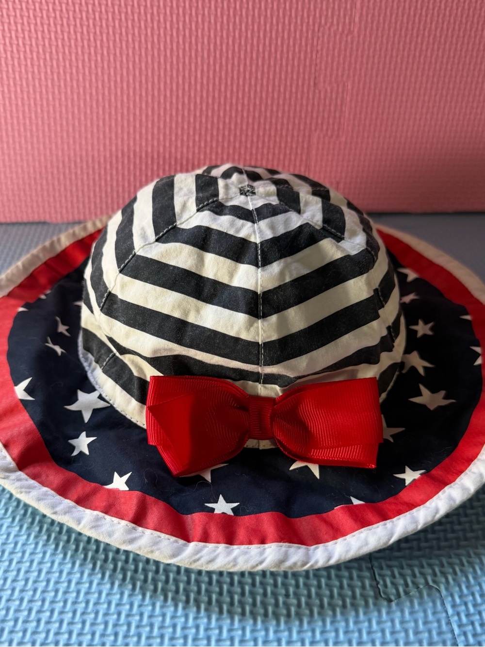 Striped & Star Print Sun Hat with Red Bow